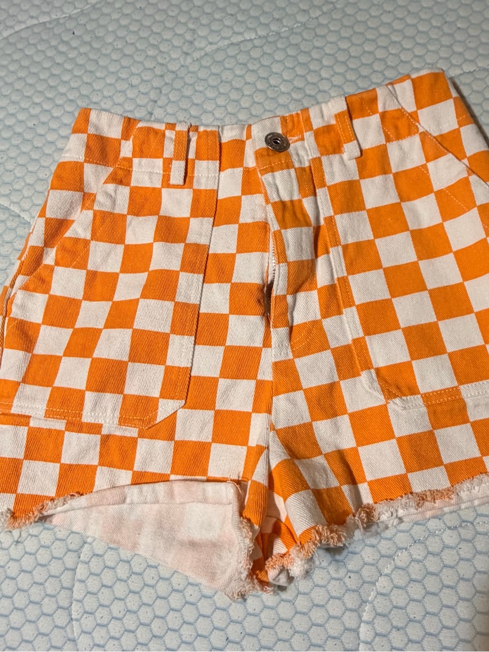 Papermoon Orange and White Checkerboard High-Rise Jean Shorts
